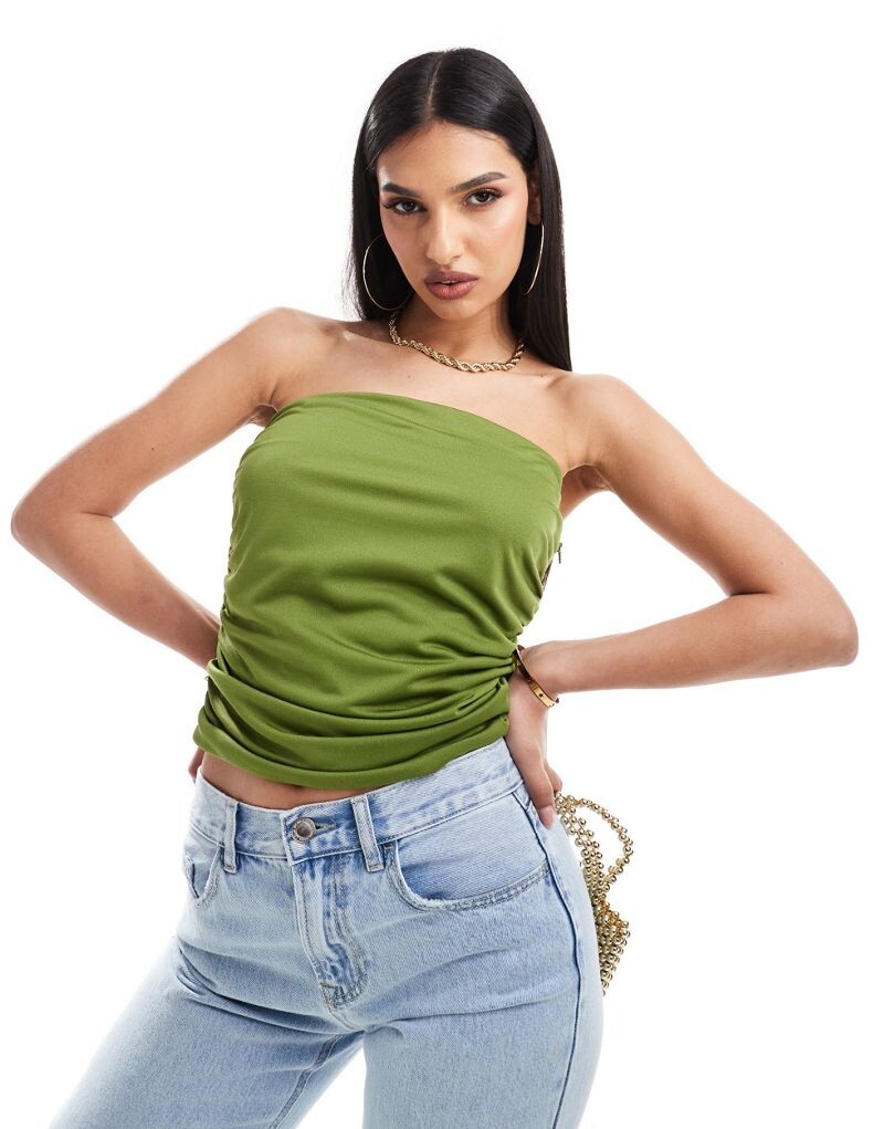 

Оливковый топ-бандо со сборками ASOS DESIGN