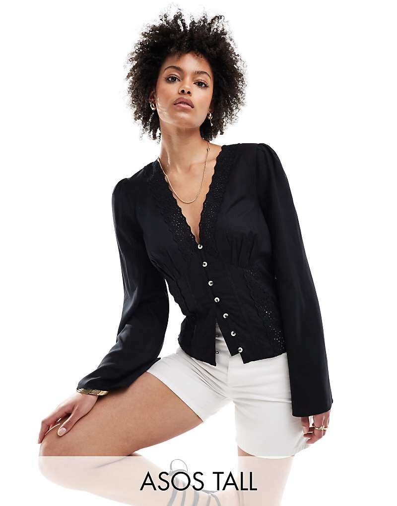 

Черный топ на пуговицах с кружевной вставкой ASOS DESIGN Tall