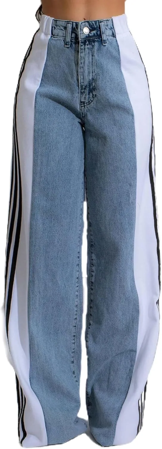 

Mxiqqpltky женские джинсы wide leg high waist с боковой полосой