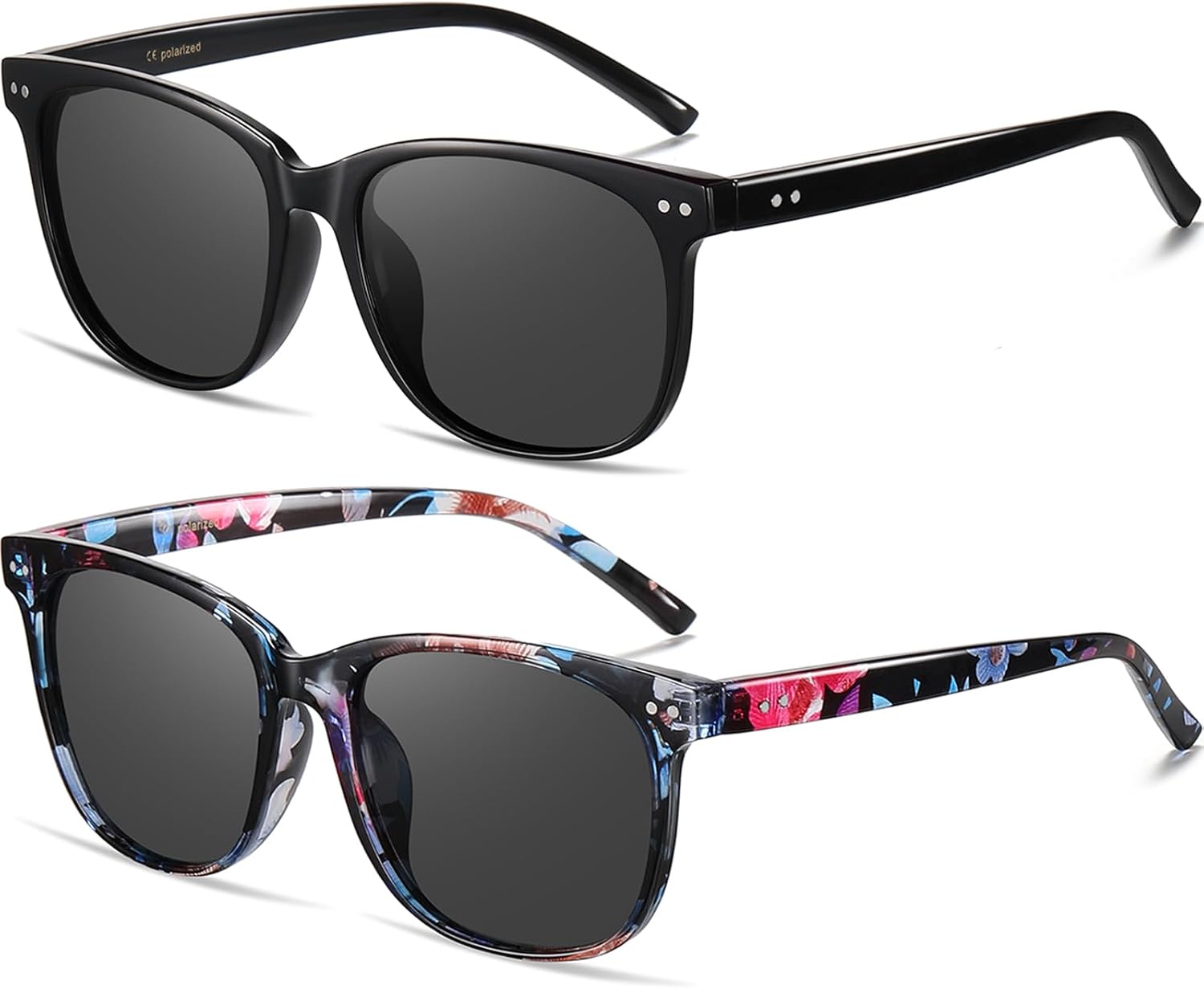 

Женские поляризованные солнцезащитные очки HAOLOTA, классические круглые солнцезащитные очки для вождения, рыбалки, легкие, с защитой от УФ-излучения UV400, A01 2pcs Black/Grey + Flower/Grey