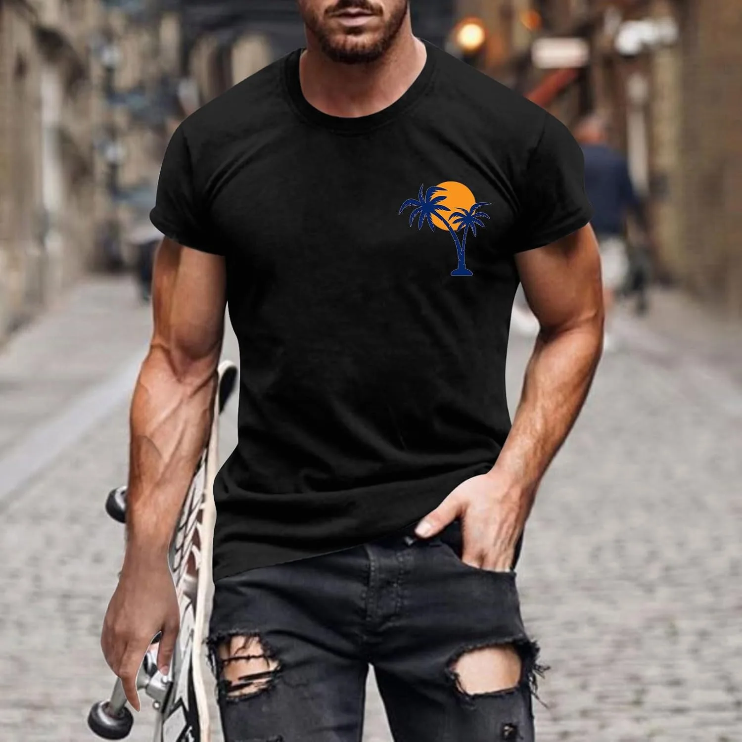 Мужские футболки для бодибилдинга и тренировок, спортивные футболки с коротким рукавом и принтом пальм на пляжную тематику Generic, черный — фото 2