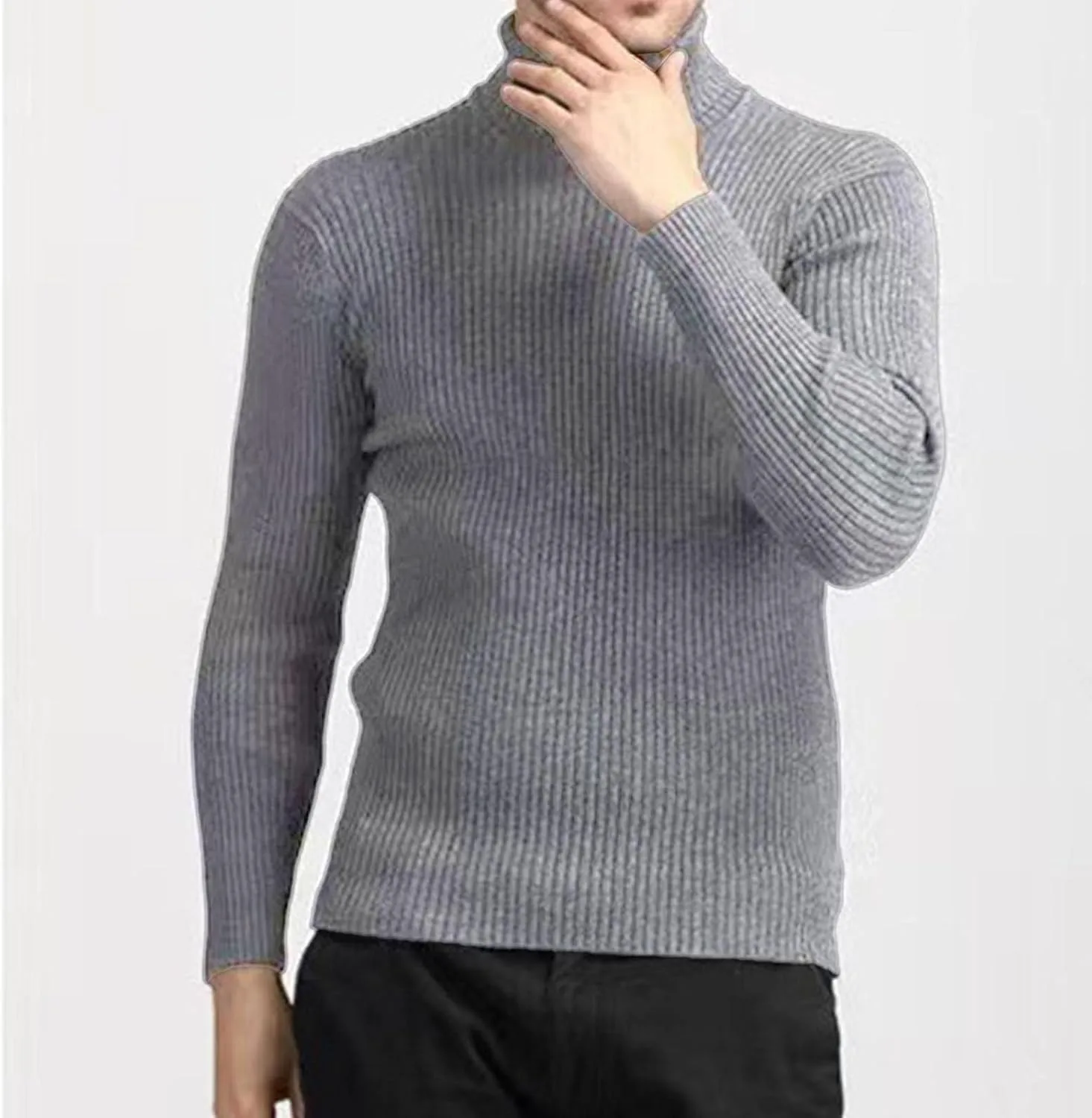 Мужской свитер с воротником-стойкой Slim Fit, теплый, с длинными рукавами, серый — фото 2