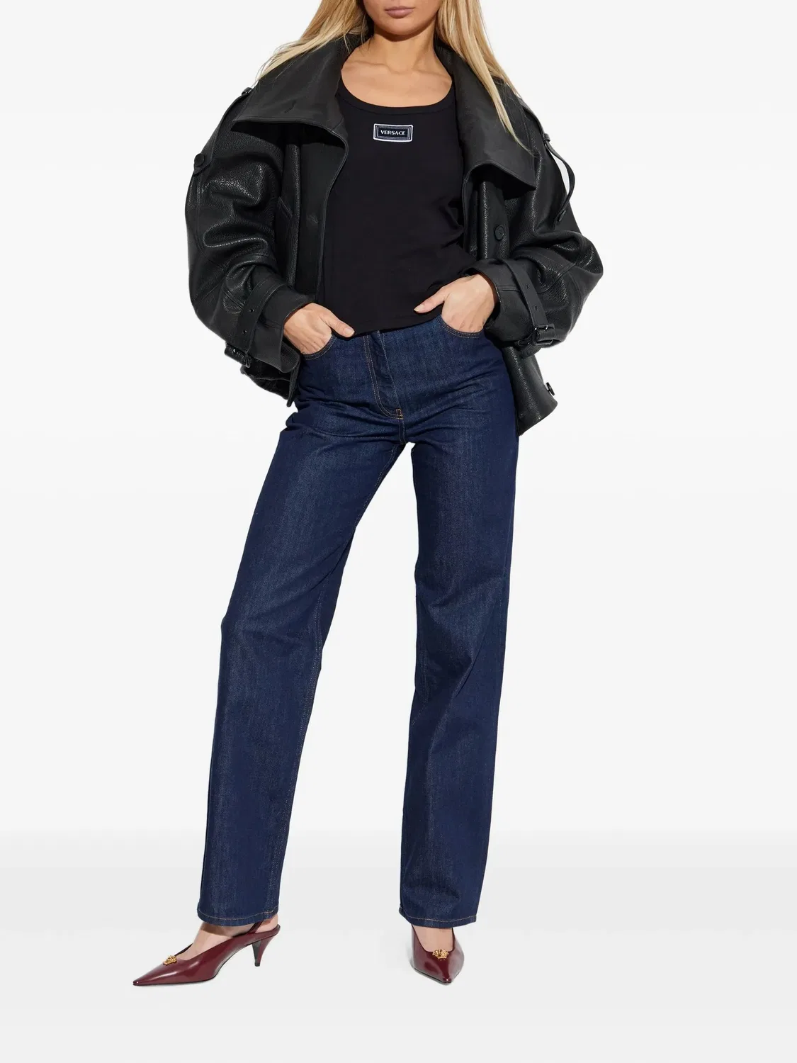 Черный облегающий хлопковый топ с текстовой нашивкой Versace, Black — фото 2