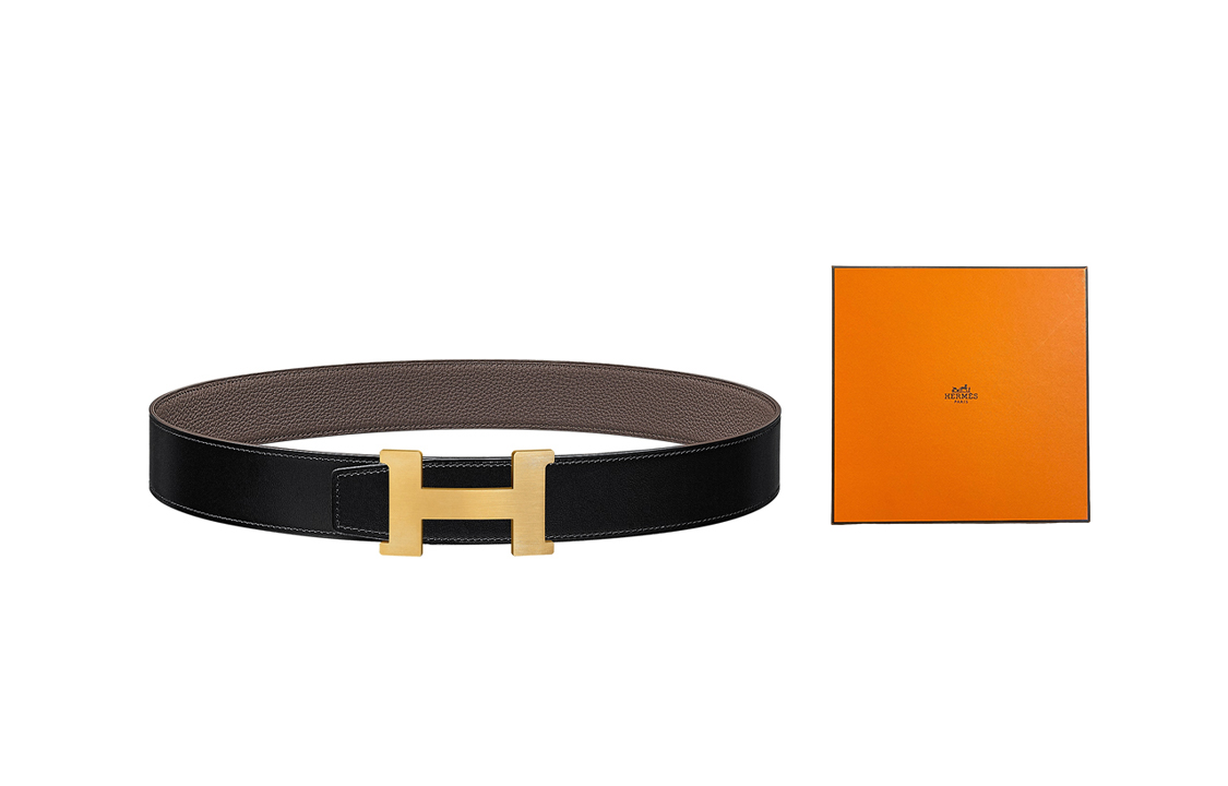 HERMES Мужской кожаный ремень из коровьей кожи черный с серым оловом шириной 3,8 см, Black — фото 3