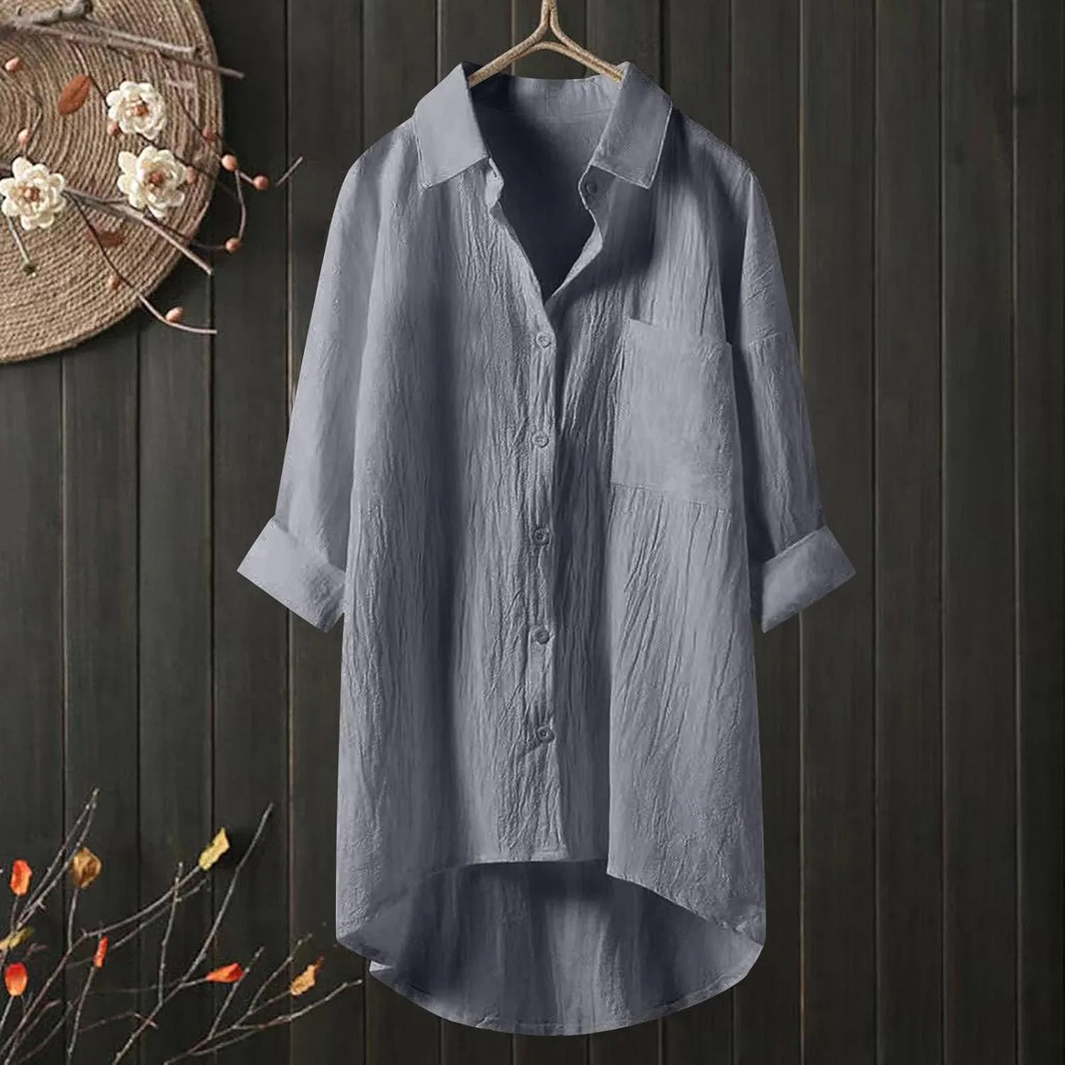 Блуза из хлопка и льна, Oversize, Muslin Blouse, серый — фото 2