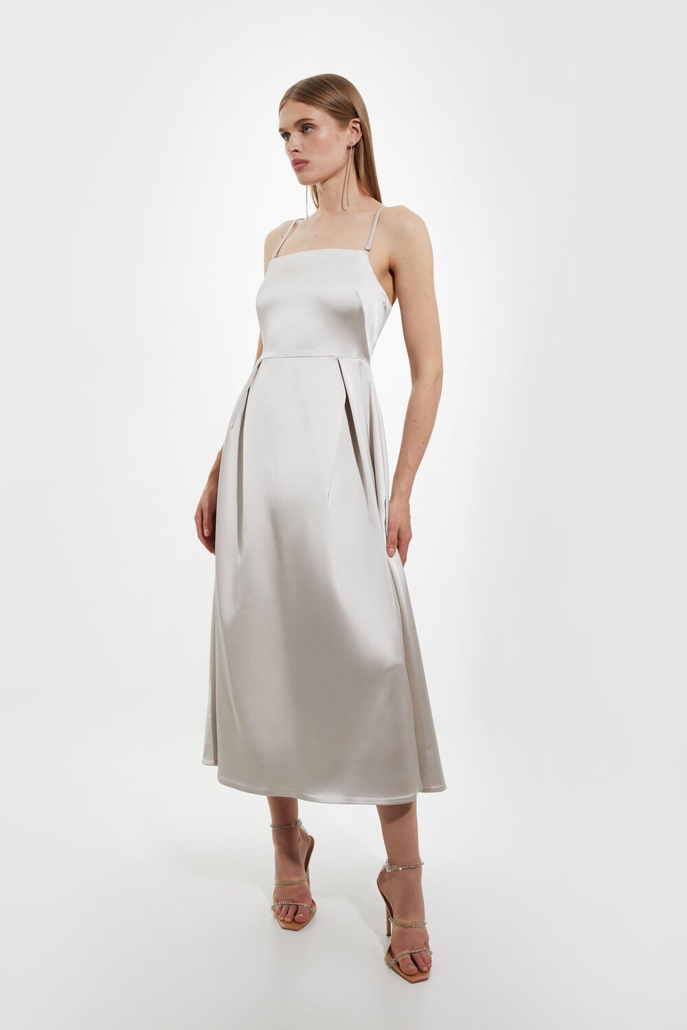 

Итальянское атласное платье-миди с пышной юбкой Karen Millen, белый