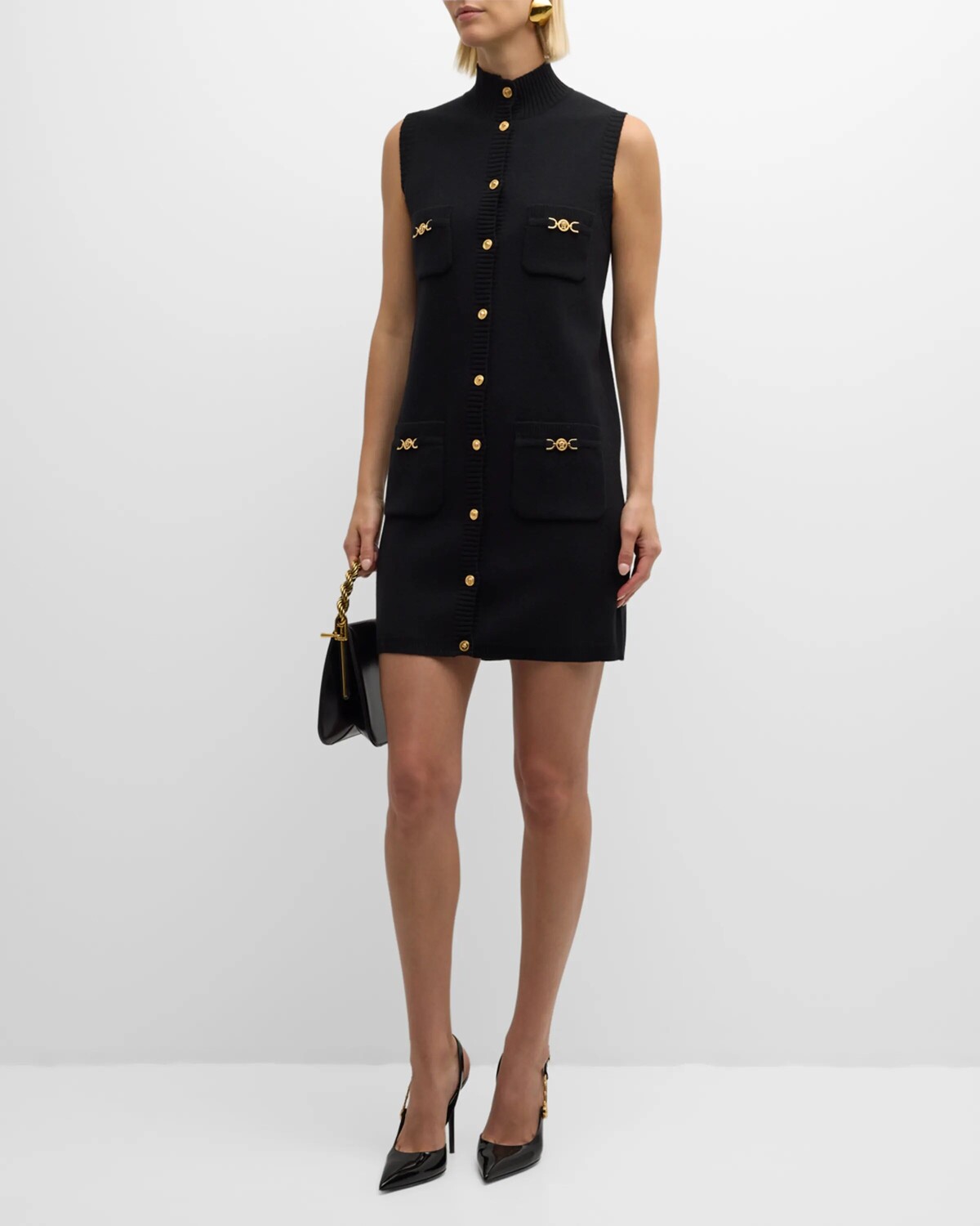 

Вязаное мини-платье с пуговицами спереди и декором Medusa Versace, цвет Black