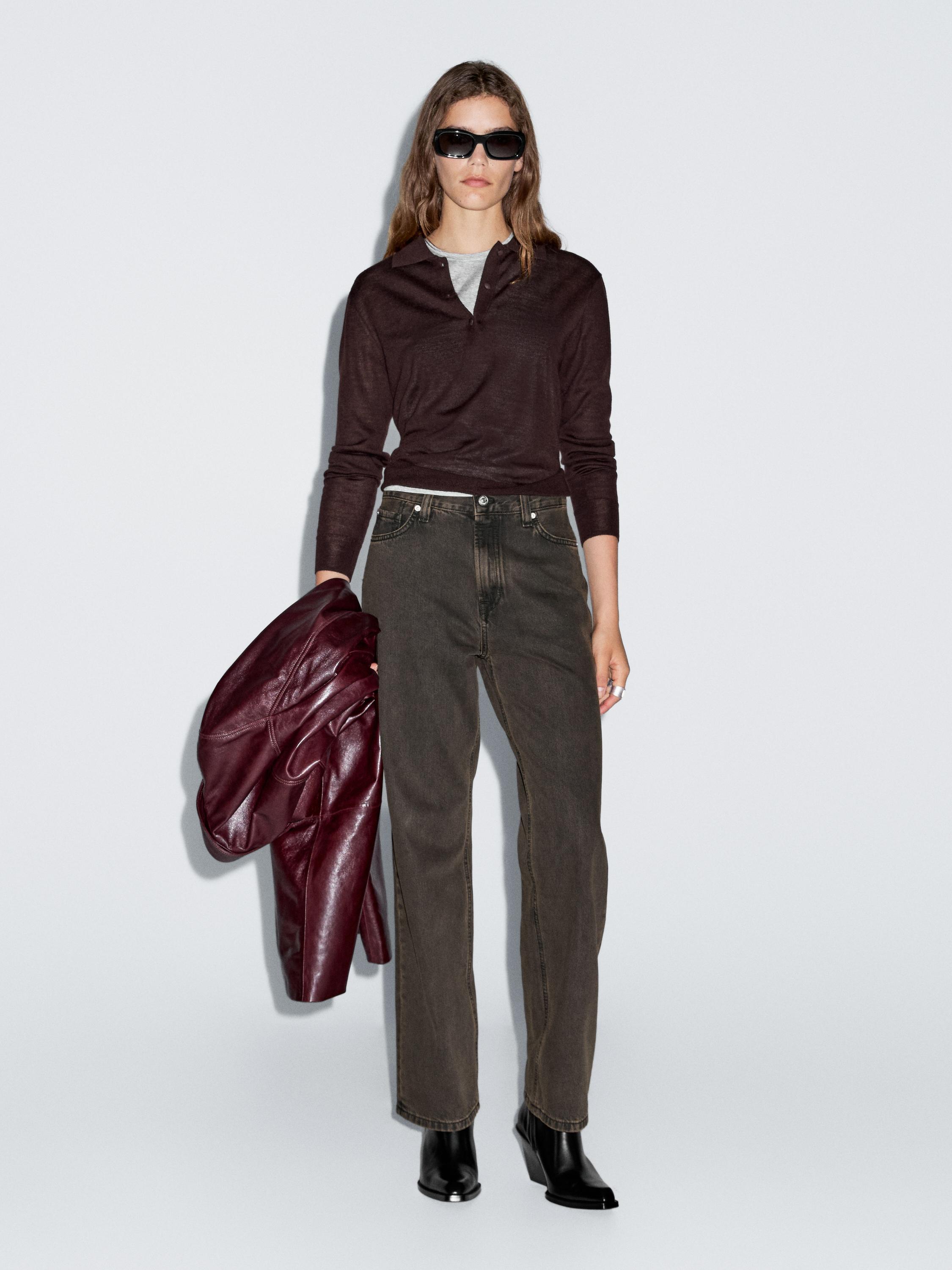 

Трикотажный свитер-поло из 100% шерсти Massimo Dutti, коричневый