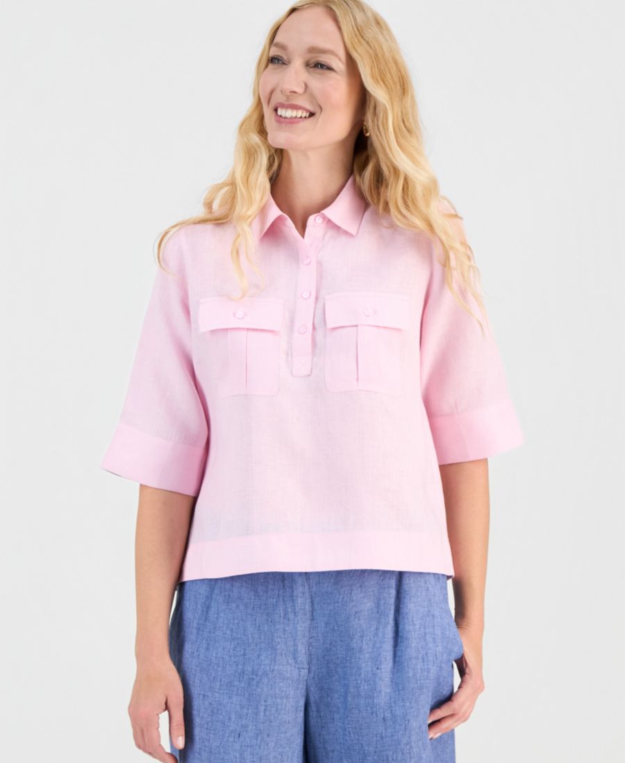 

Женская однотонная блузка из 100% льна с рукавами до локтя и планкой, эксклюзивно для Macy's Charter Club, Pink Dew