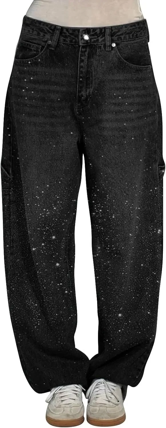 

Женские джинсы Casual Loose Harem Baggy Wide Leg High Waisted Washed Distressed Straight Bling CAOQAO