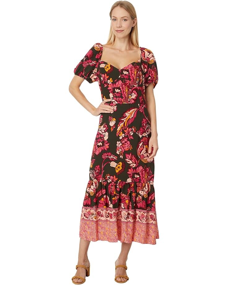 

Платье Adrianna Papell Printed Puff Sleeve Midi Dress, цвет Hunter Multi