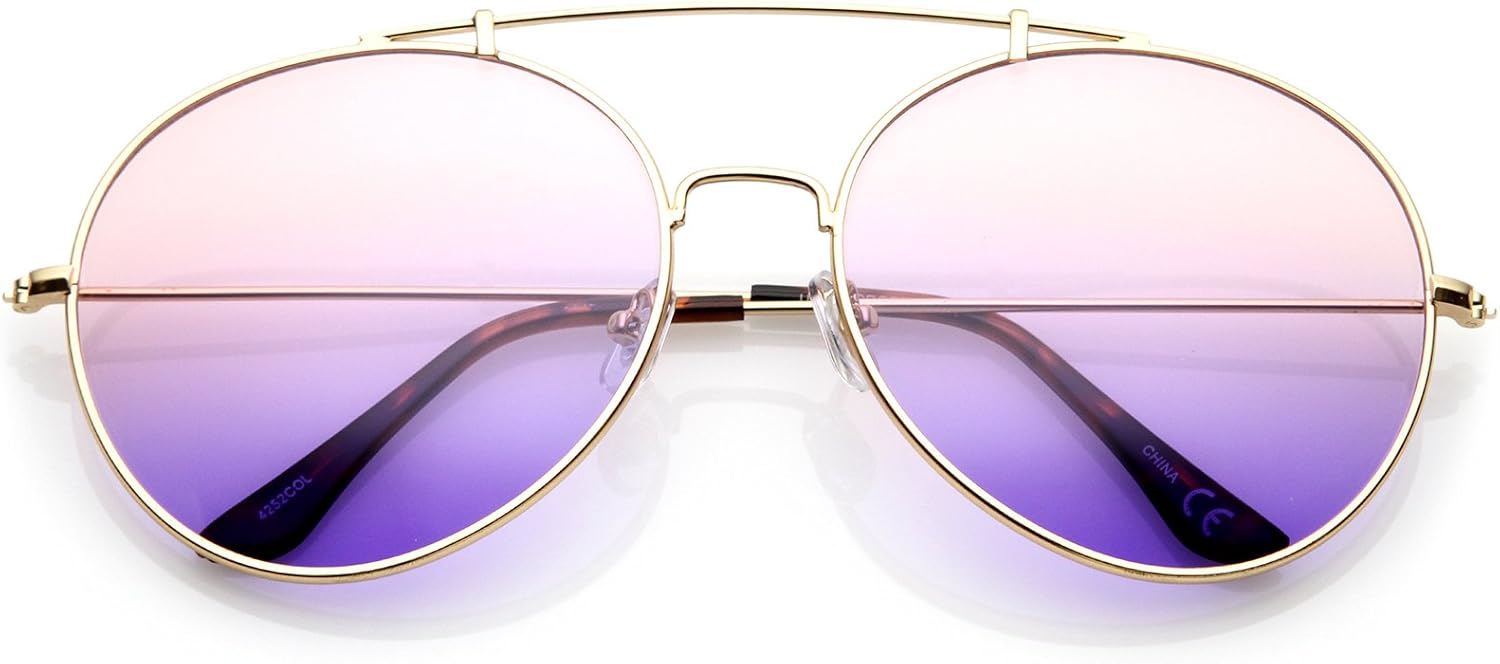 

zeroUV - Солнцезащитные очки-авиаторы с увеличенной металлической двойной переносицей, тонкими дужками и градиентными круглыми линзами, диаметр линз 64 мм, Gold / Pink-purple