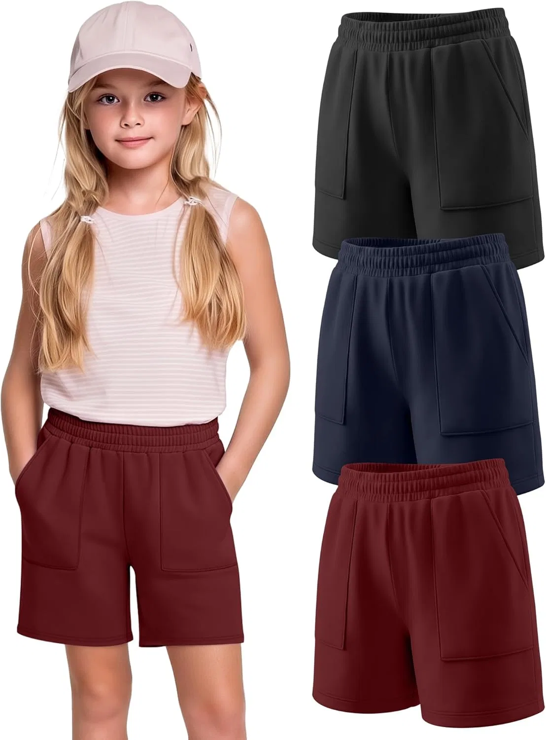 Детские шорты 3 шт, эластичный пояс, карманы, Wine Red, Navy Blue, Black