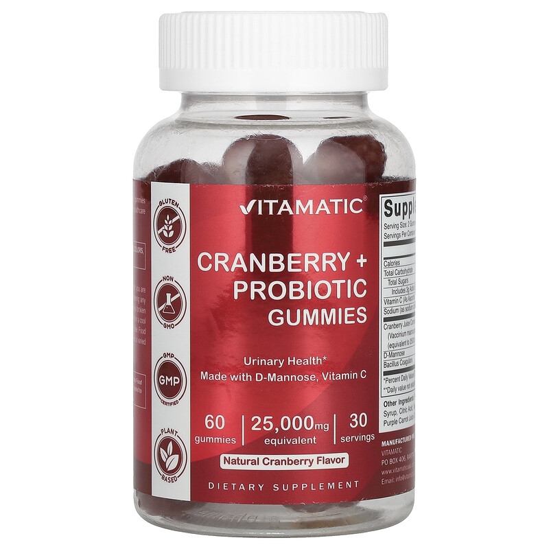 

Vitamatic, Жевательные мармеладки с клюквой и пробиотиками, натуральная клюква, 25000 мг, 60 жевательных мармеладок (12 500 мг в 1 жевательной мармеладке)