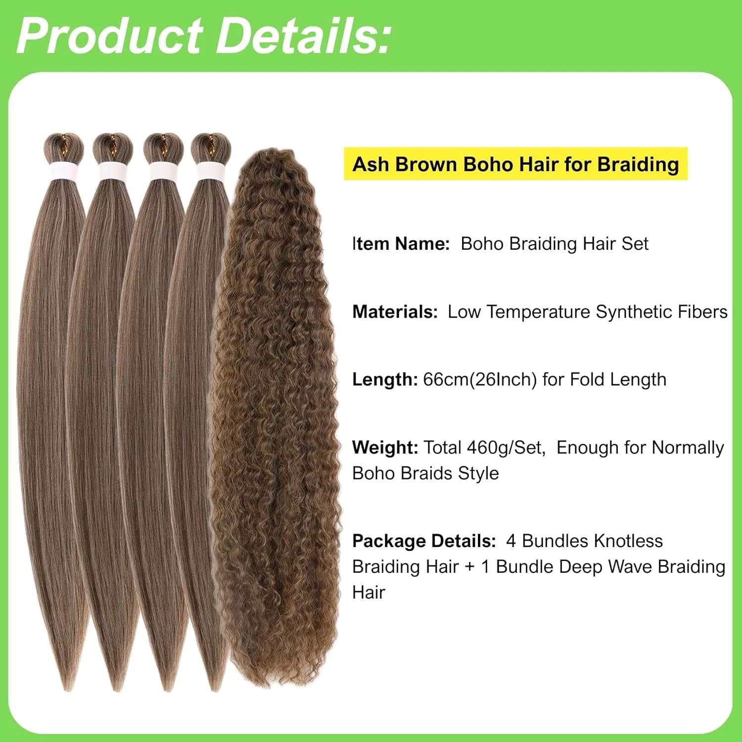 Искусственные волосы для плетения Gozill Pre Stretched Boho Braiding Hair Gozill, Ash Brown — фото 3