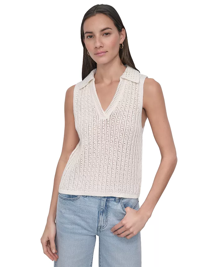 

Женский вязаный пуловер без рукавов с кружевным воротником Lacey Stitch DKNY Jeans, белый