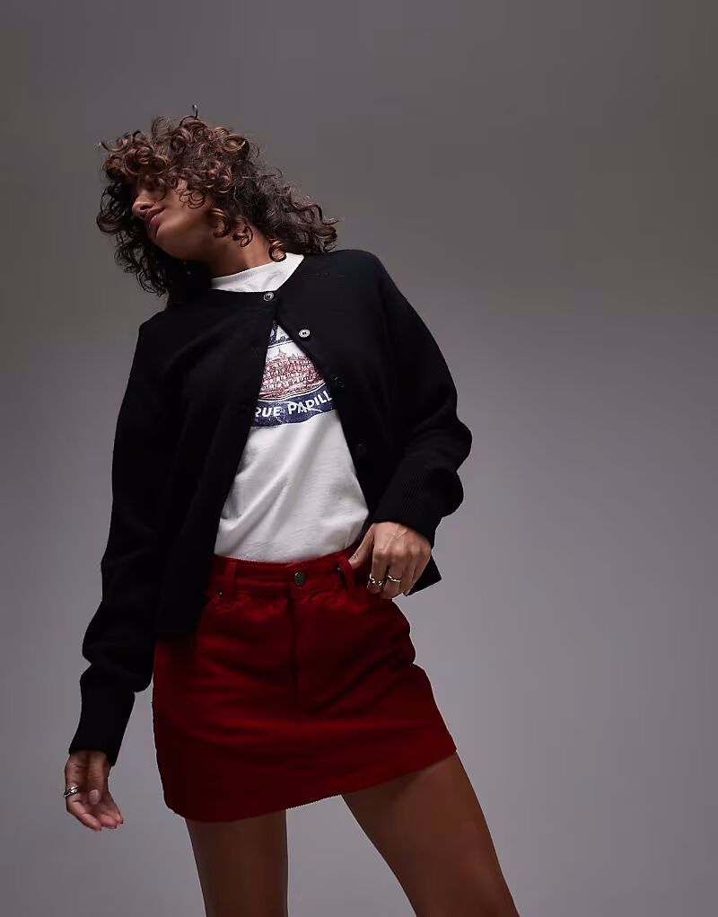 

Юбка-мини с ламбрекеном из денима бордового цвета Topshop