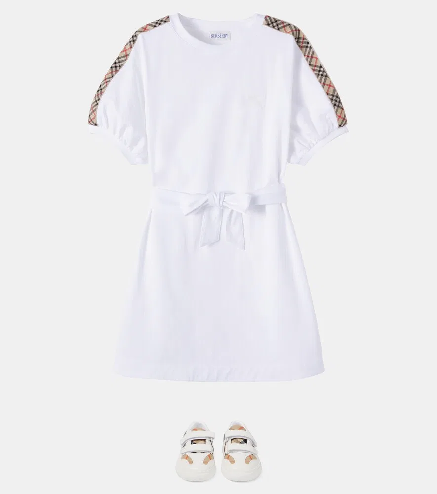 Платье из хлопкового трикотажа в клетку от Burberry Burberry Kids, белый — фото 2