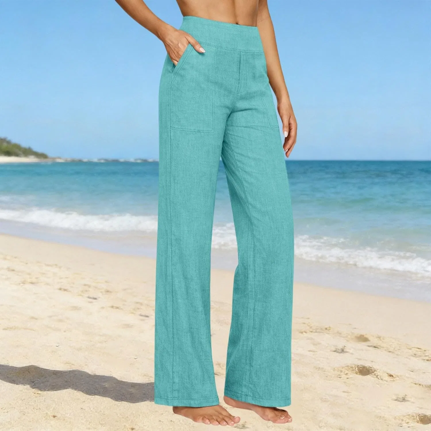 Штаны женские свободные, льняные, бренд Generic, цвет B-light Green — фото 3