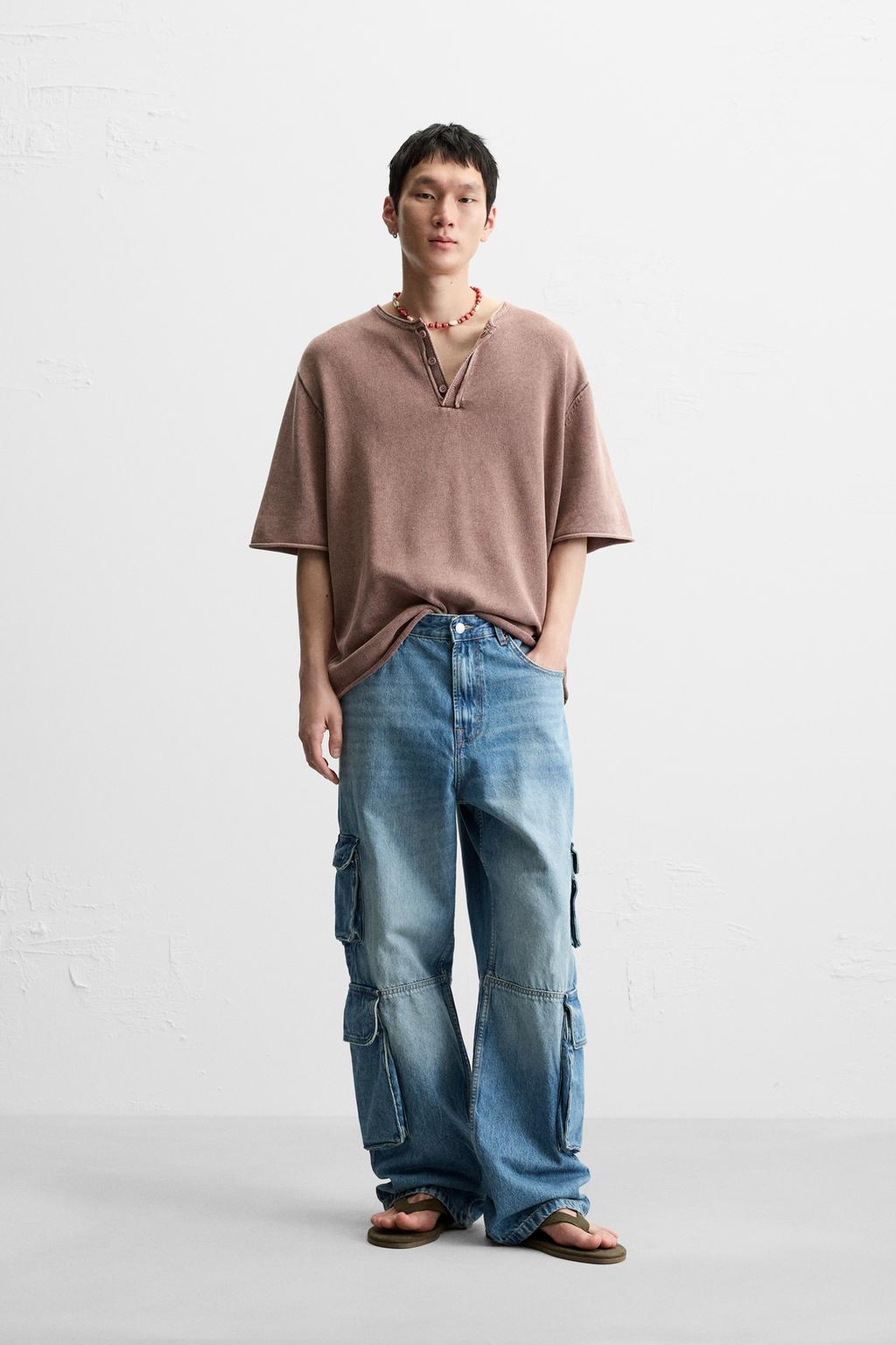 

Застиранная трикотажная футболка на пуговицах ZARA, цвет Chalk pink