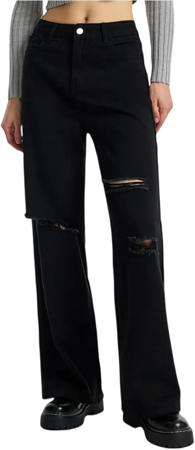 

Женские джинсы Relaxed Fit с потертостями и разрывами Straight Wide Leg Boyfriend