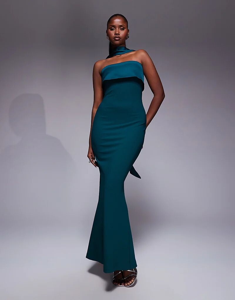 

Платье-макси без бретелек с принтом «рыбий хвост» и шейным платком Forever New изумрудно-зеленого цвета