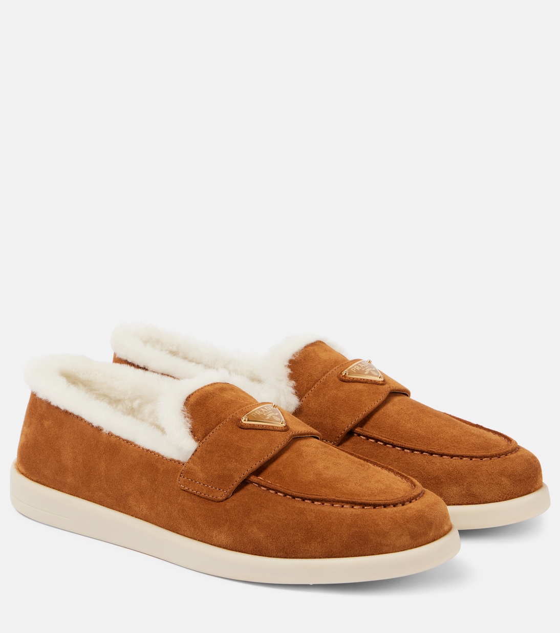 Замшевые мокасины Saint Tropez с подкладкой из овчины Prada, Cognac