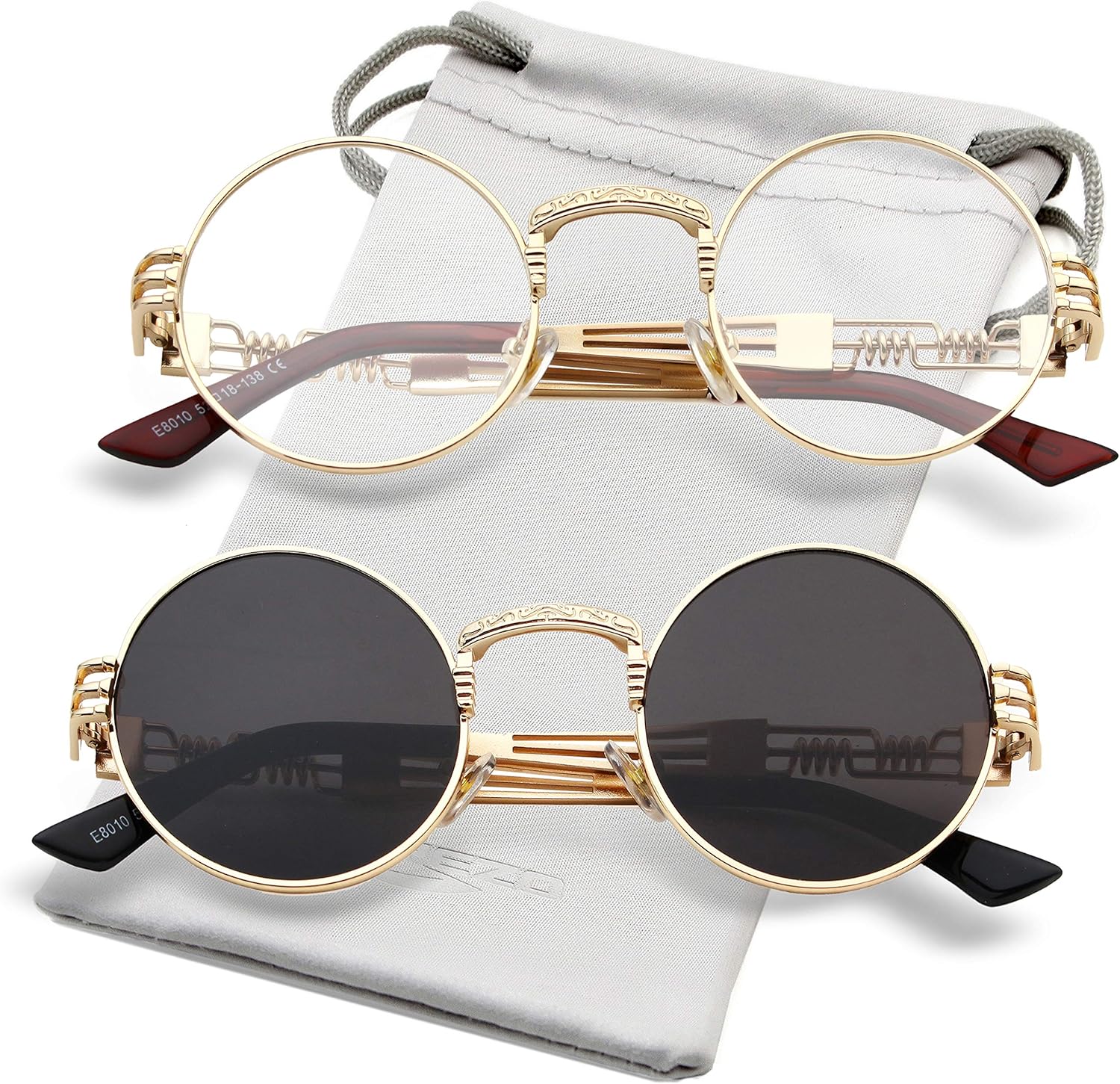 

Солнцезащитные очки AIEYEZO круглой формы в стиле стимпанк для мужчин и женщин, ретро-очки в стиле хиппи, металлическая оправа, линзы со 100% защитой от УФ-излучения, 2 Pack (Gold/Clear, Gold/Grey)