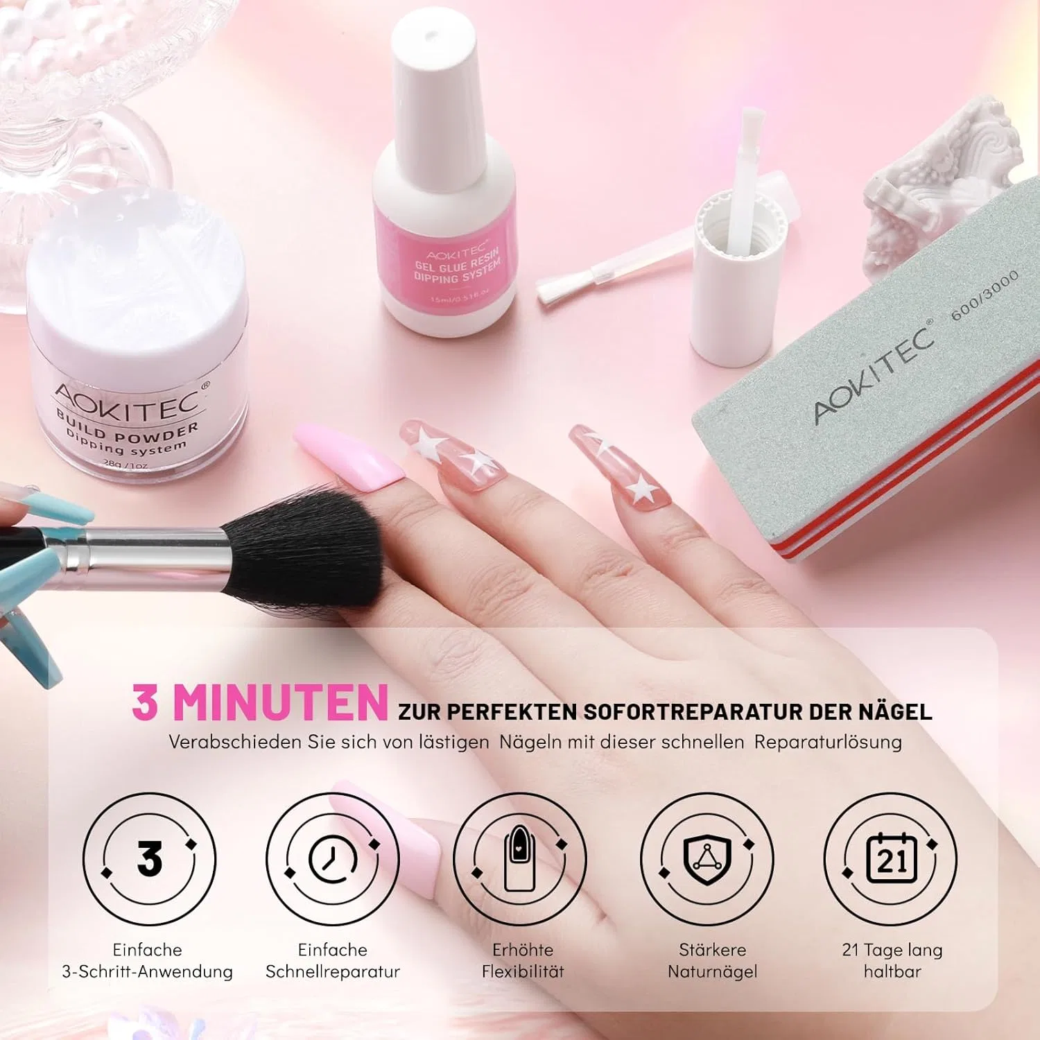 Набор для ремонта ногтей Aokitec Dipping Build Powder 28 г с клеем Aokitec, 01 Clear Powder — фото 2