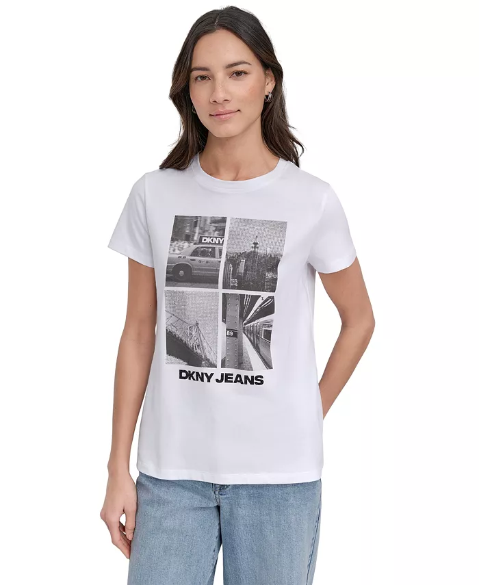 

Женская блузка с декоративными элементами и принтом, модель Crewneck T-Shirt DKNY Jeans, белый