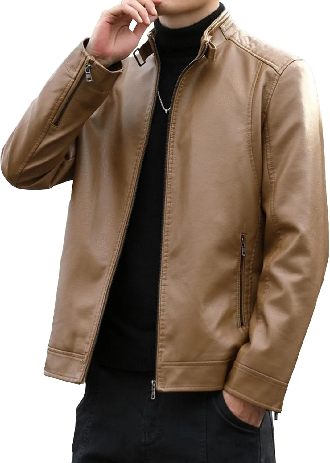 Generic Мужское кафе-рейсер пальто slim fit, мужская кожаная куртка со стойкой, мужская куртка из искусственной кожи со стойкой