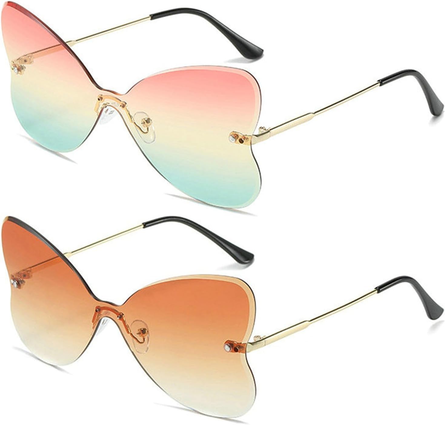 

Willochra Модные солнцезащитные очки-бабочки для женщин в стиле Y2K, милые женские солнцезащитные очки без оправы конфетных цветов для вечеринок, 2pcs-green Pink&brown