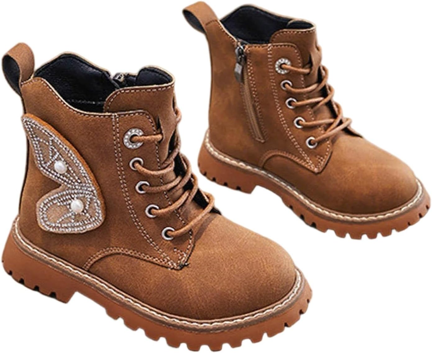 

Забавные ботиночки для девочек с боковой вышивкой, модные ботинки на шнуровке с молнией, уютные мягкие ботиночки с гладким носком Generic, Brown