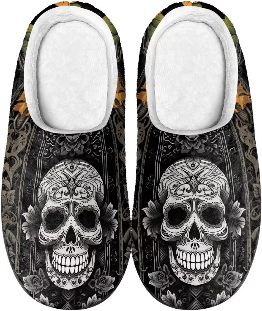 

Домашние тапочки с принтом для женщин и мужчин, нескользящие, пушистые, удобные для дома и улицы Baxinh, Black-skull Floral
