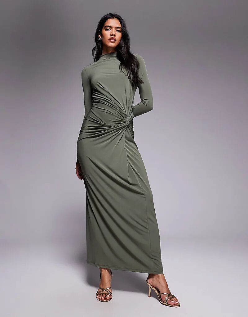 

Эксклюзивное платье макси с высоким воротом Daska оливкового цвета