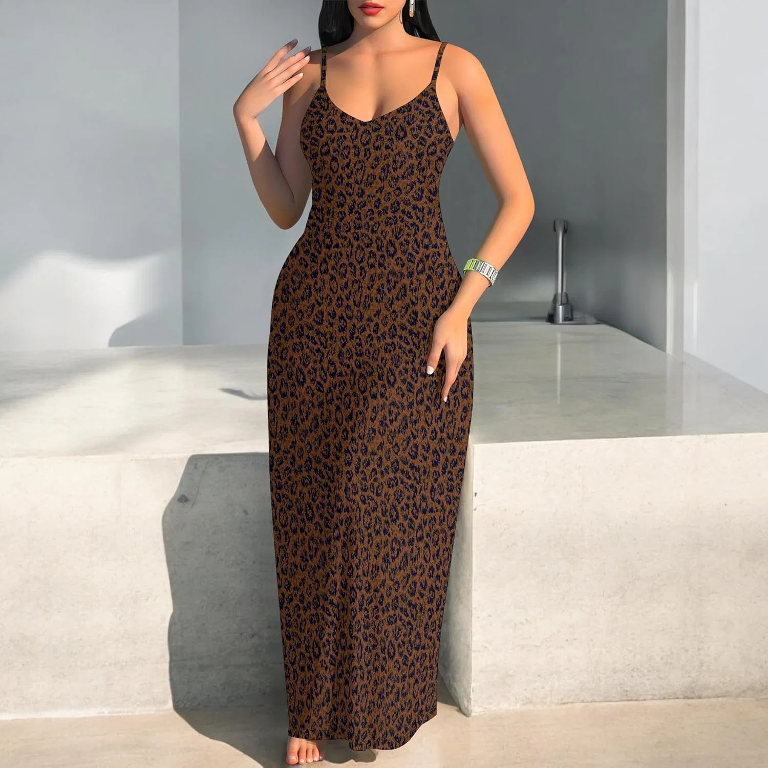 Generic Женское элегантное платье макси с леопардовым принтом, сексуальное с V-образным вырезом и тонкими бретелями — фото 3