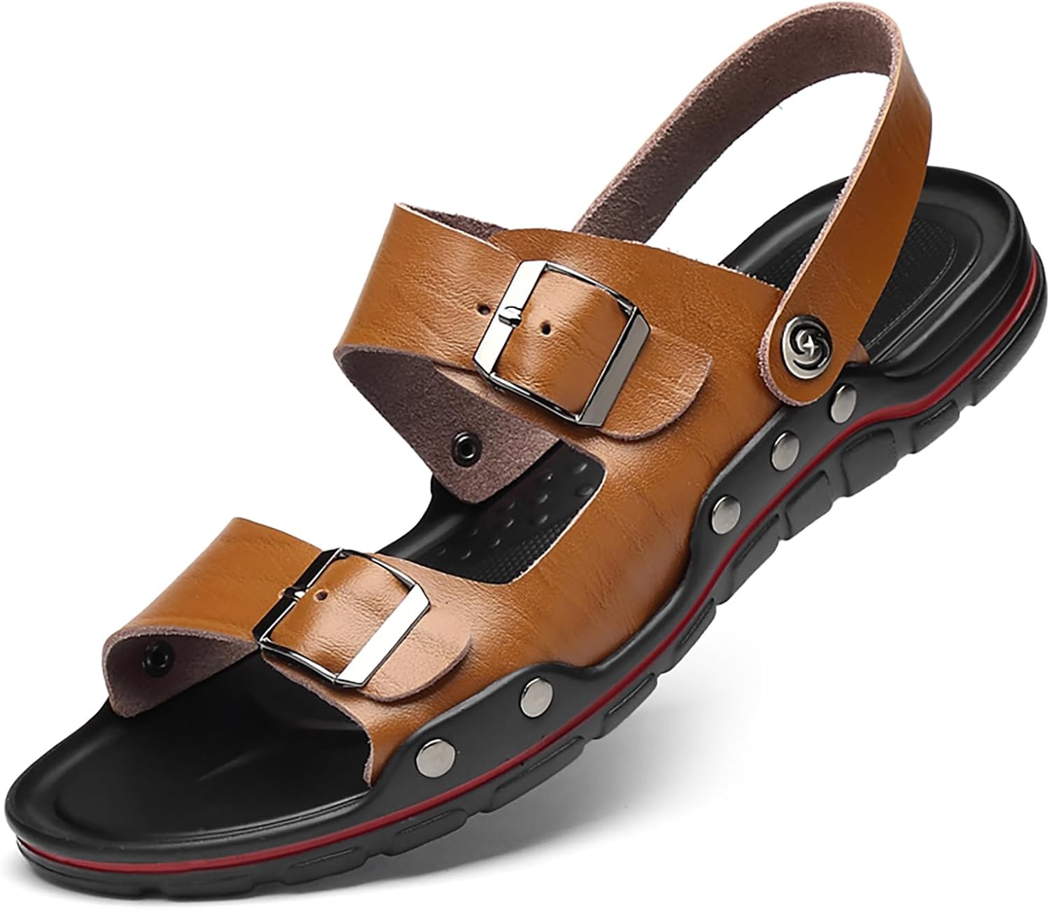 

Мужские кожаные сандалии EGEBS с пряжкой, плоской подошвой и регулируемым двухфункциональным ремешком, модные с заклепками, дышащие, с открытым носком, мягкой подошвой, шлепанцы на каждый день, летние, противоскользящие, пляжные, коричневый