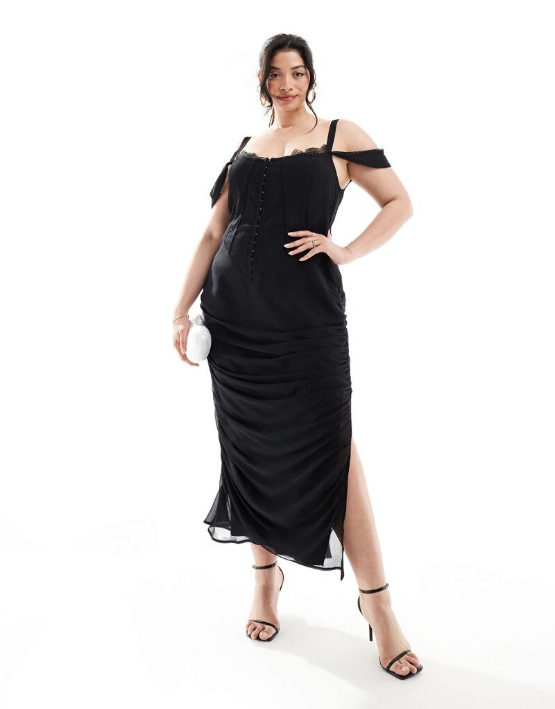 

Черное платье миди Milkmaid со вставками из кружевного шифона и вставками ASOS DESIGN Curve