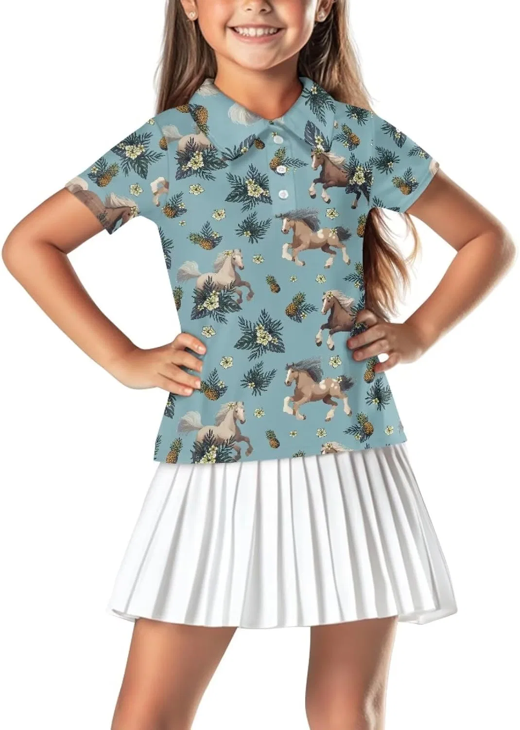 Поло для девочек с воротником Snilety Blue Floral Horse