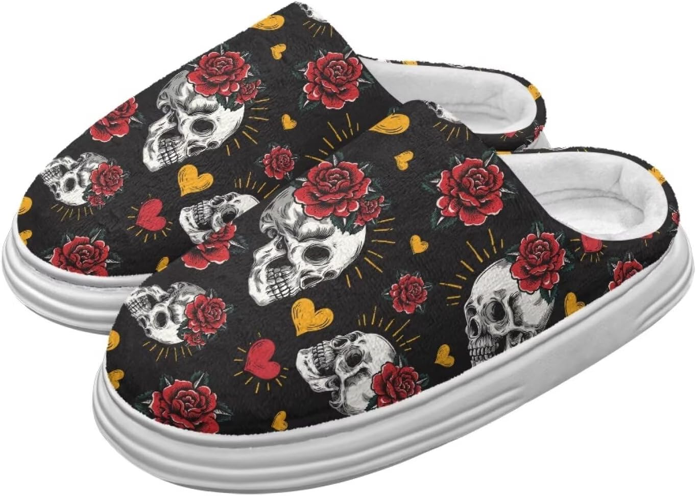 

Домашние тапочки Chririnla для женщин и мужчин с эффектом памяти, толстая EVA подошва, мягкие, без застежки, противоскользящие, уютные, для дома и улицы, Rose Skull Print