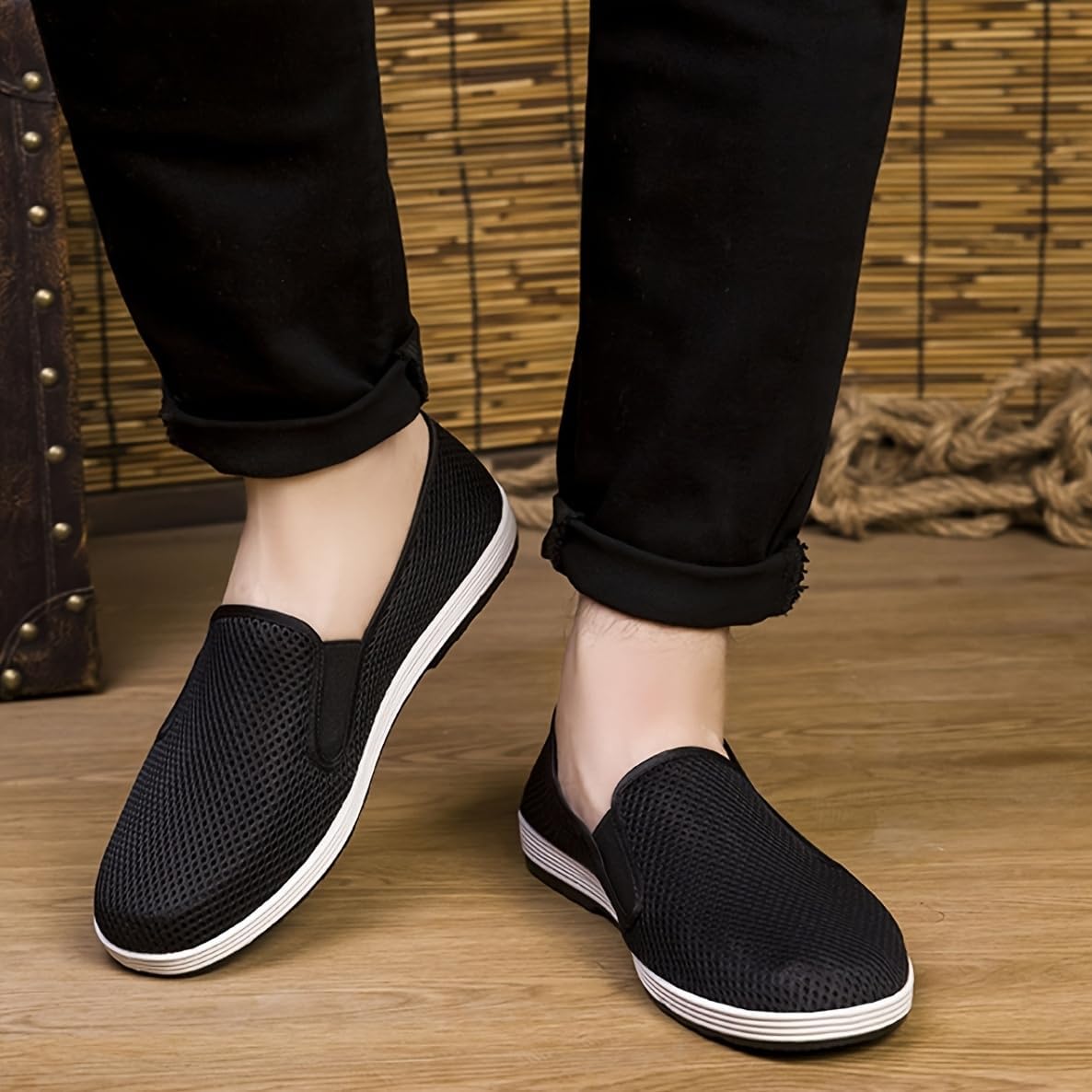 Мужские летние дышащие спортивные кроссовки с сеткой- легкие повседневные кеды с резиновой подошвой для прогулок, вождения и ежедневной носки Hoalox, черный — фото 3