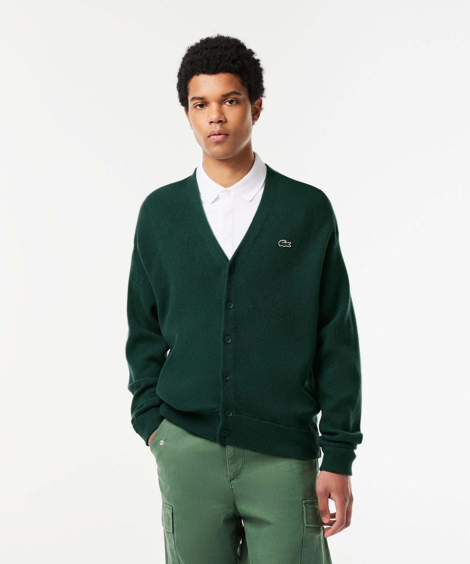 Кардиган с V-образным вырезом, связанный платочной вязкой LACOSTE, Green