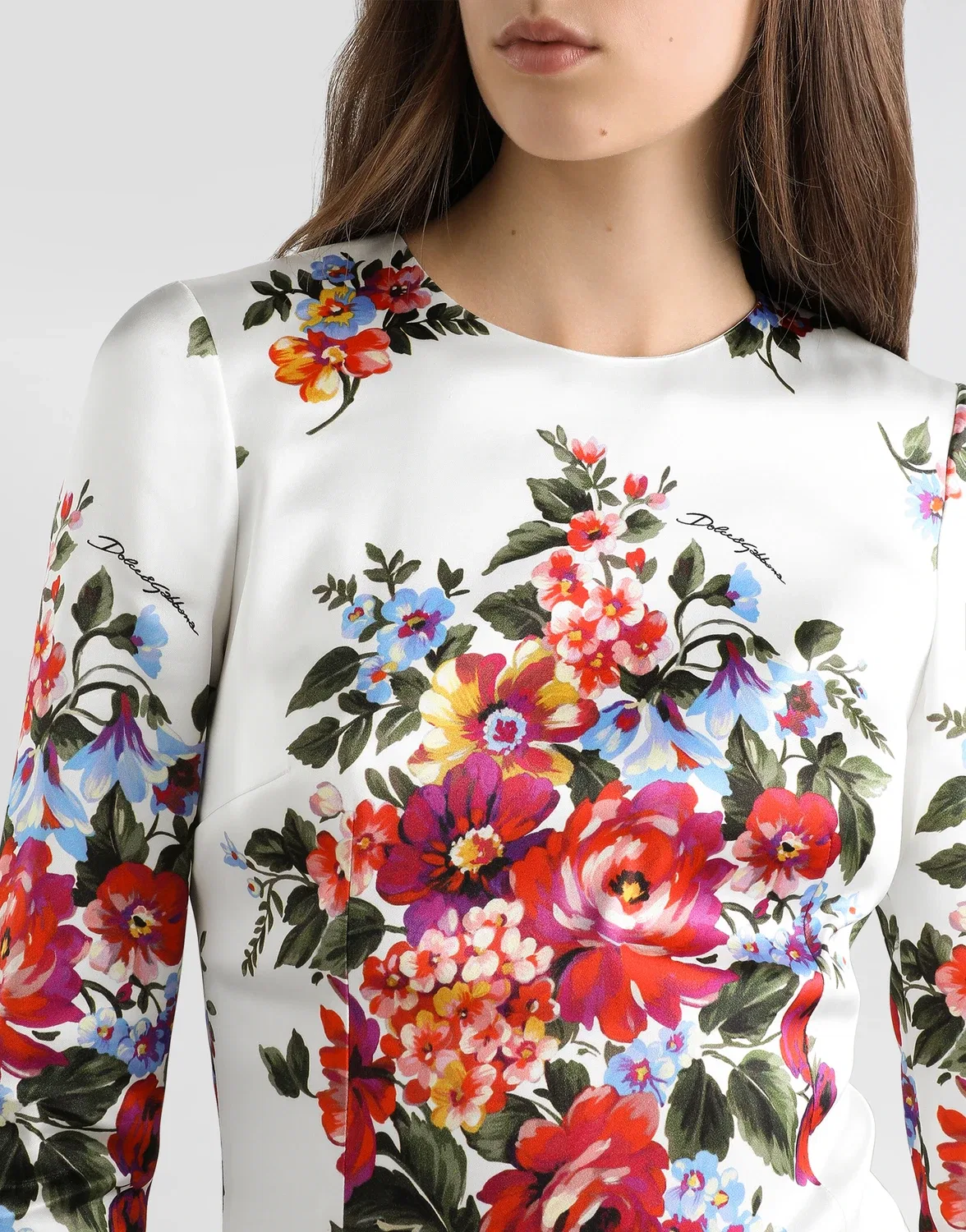 Атласное платье-футляр с принтом "букет цветов" DOLCE & GABBANA, мультицвет — фото 4
