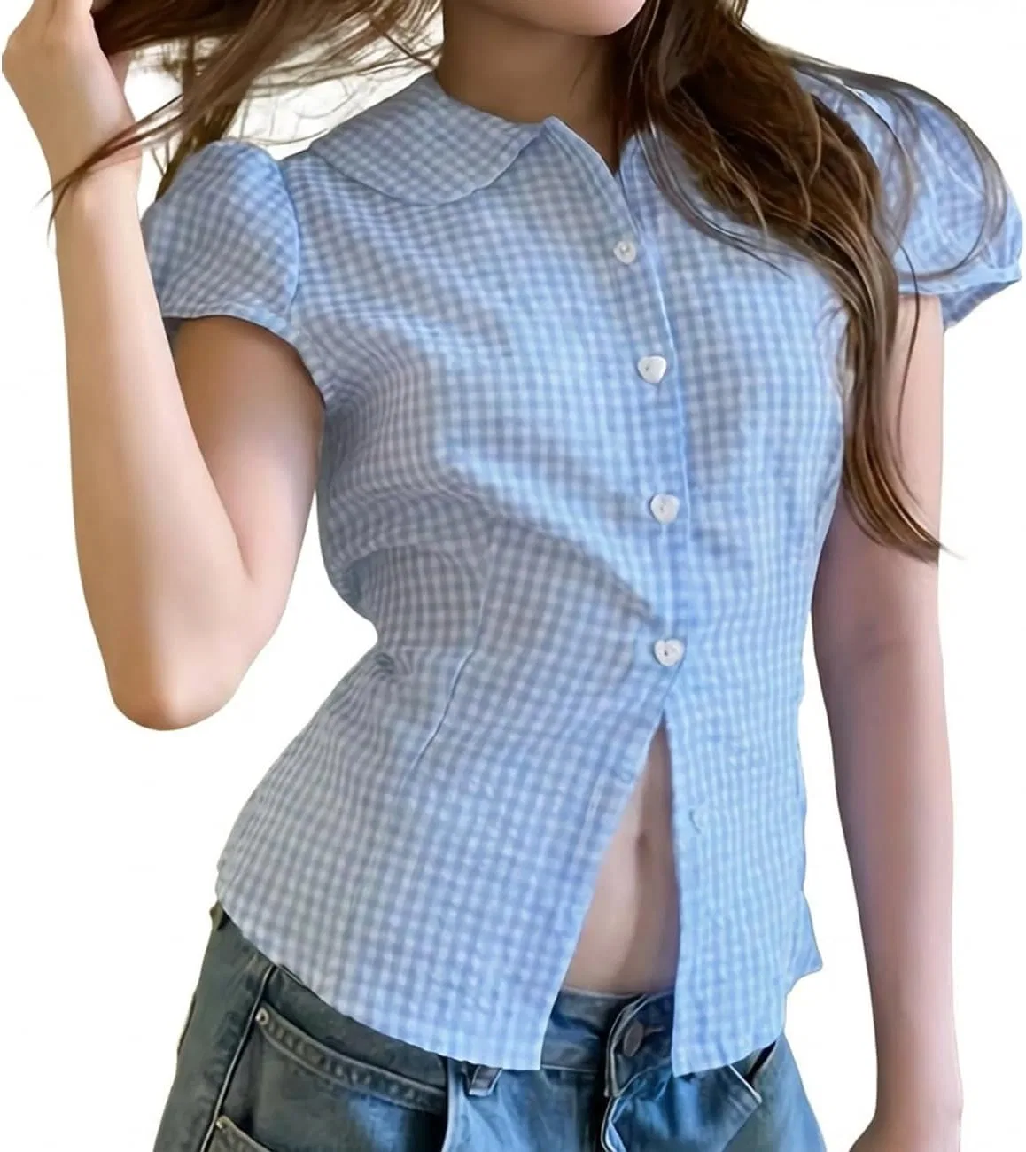 Блуза женская, гигнамчек, полурукав, Powder Blue