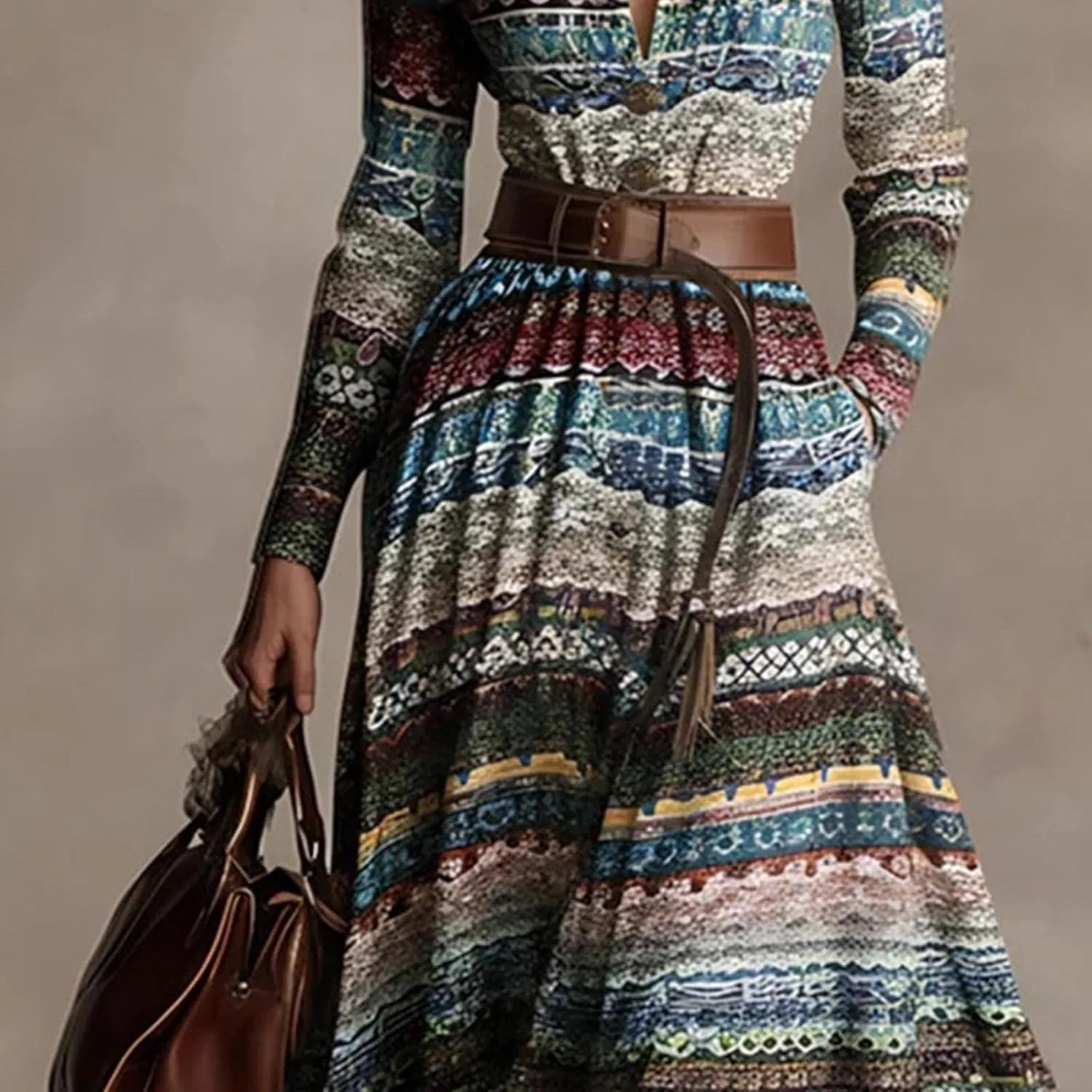 Платье для женщин Western Shirt в этническом стиле туника с V-образным вырезом, длинным рукавом, макси, однобортное, с разрезом и карманами Generic, мультиколор — фото 3