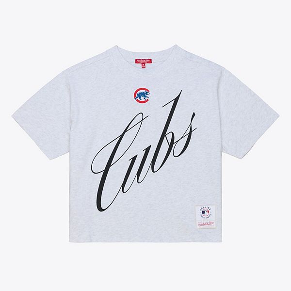 

Женская футболка Chicago Cubs с принтом в стиле скрипт, укороченная и свободного кроя, цвет хизер-грей Mitchell & Ness
