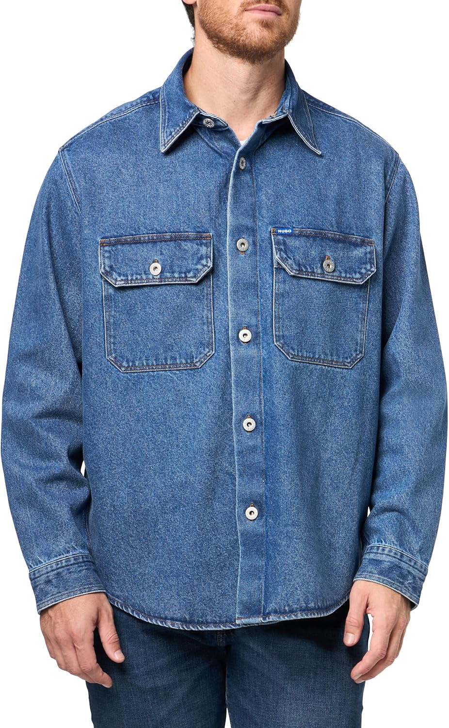 

HUGO мужская джимовая рубашка на пуговицах с большим нагрудным карманом, Navy Shadow