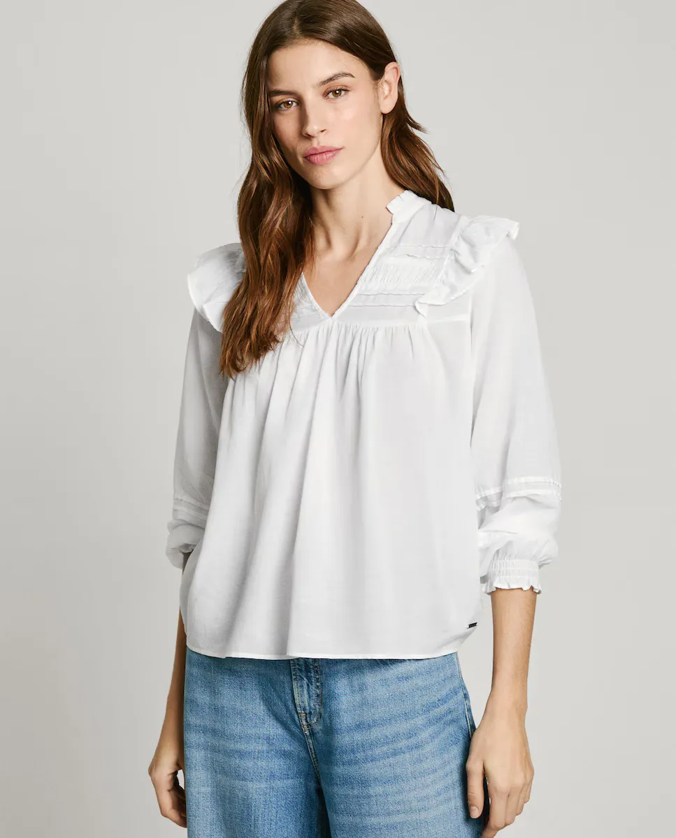

Женская блузка с V-образным вырезом и оборками Pepe Jeans, белый