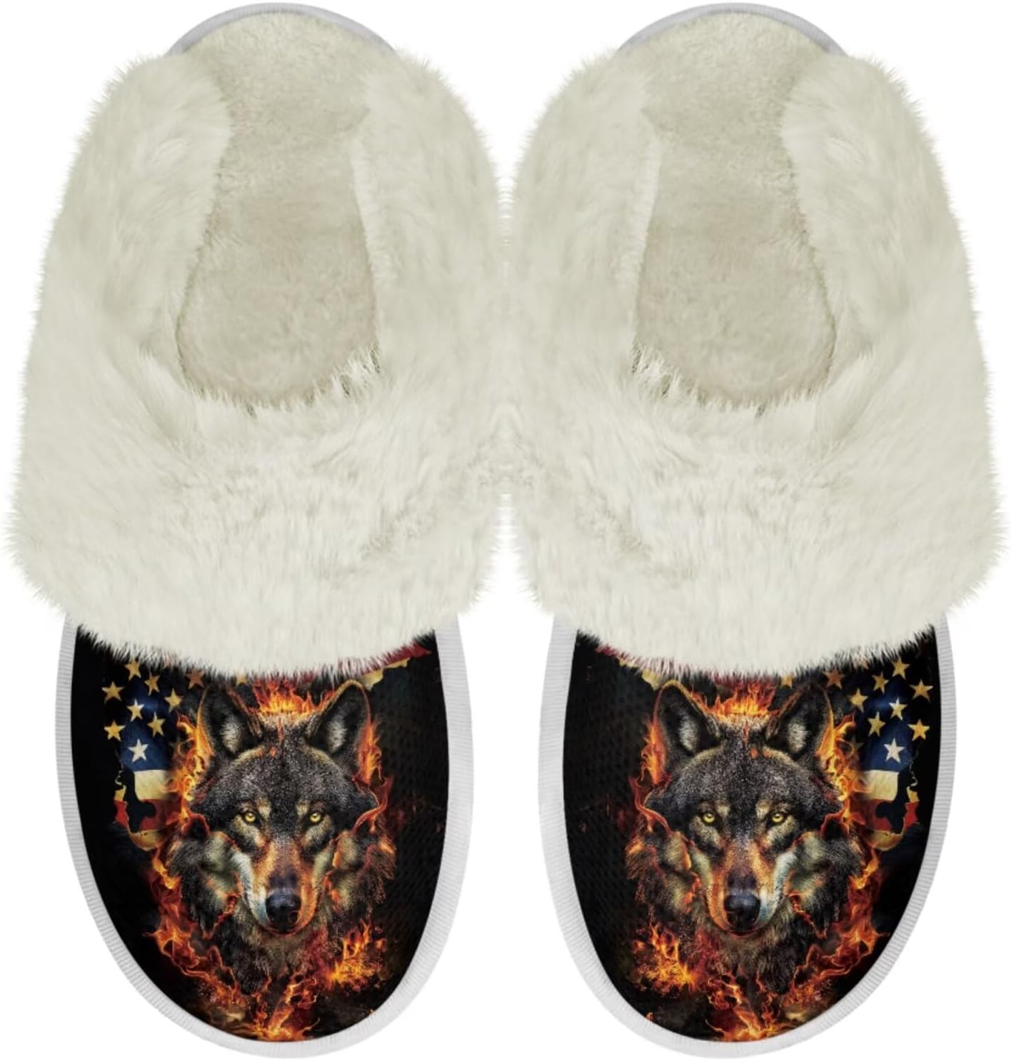 

Мужские плюшевые тапочки Pointodoor для дома и улицы, теплые и уютные, легкие мягкие тапочки без шнурков, размер 3-12, American Flag Wolf Flame