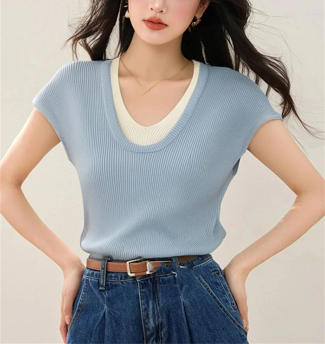 Женская летняя вязаная футболка с коротким рукавом Fake-Two Piece Slim Fit — фото 3